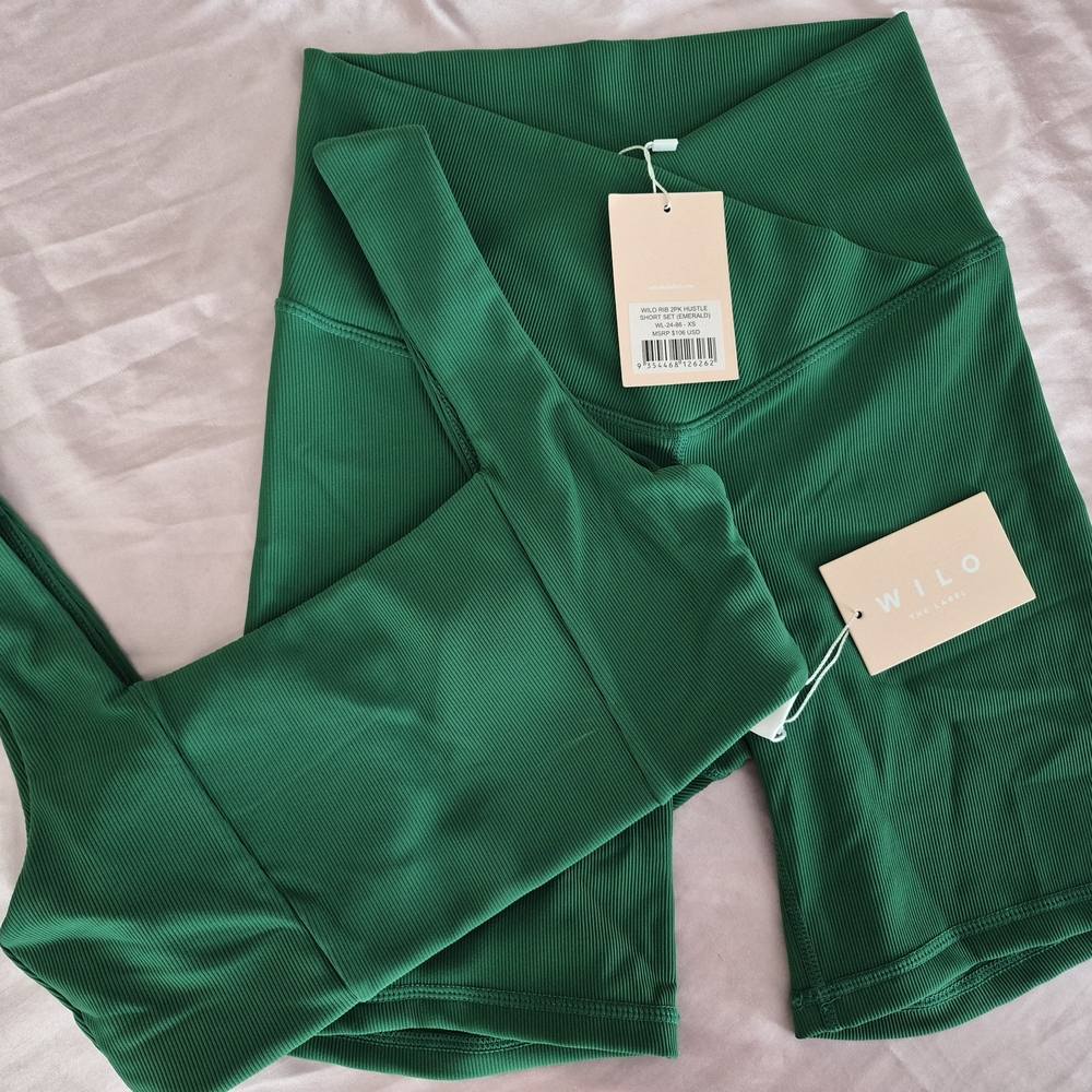 NWT WILO The Label Green Ribbed Active Shorts & Top Set